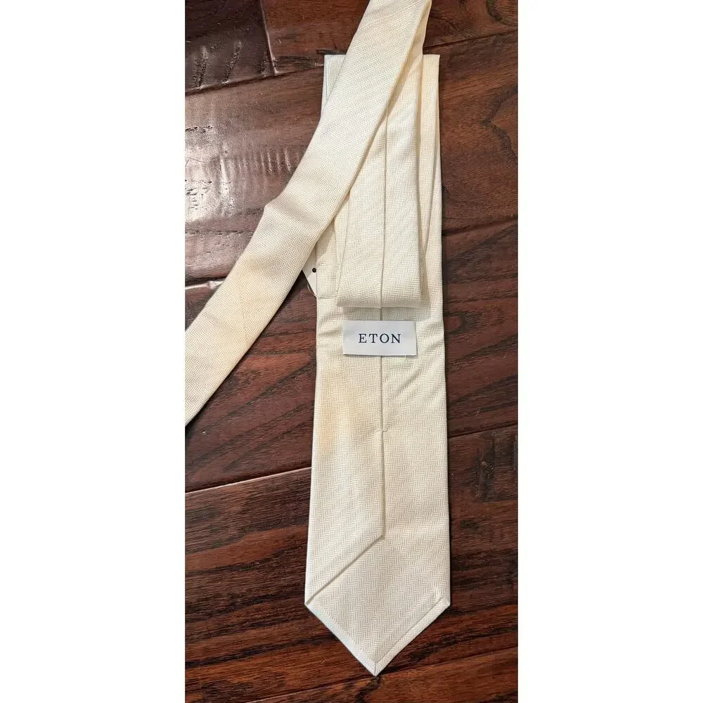 $195 Eton Men's Ivory Herringbone Silk Tie Off White Formal Wedding NWT Italy